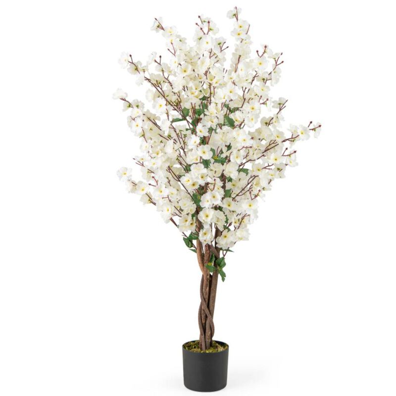 Hivvago Faux Plum Blossom Plant with White Fabric Flower and Solid Wood Trunk