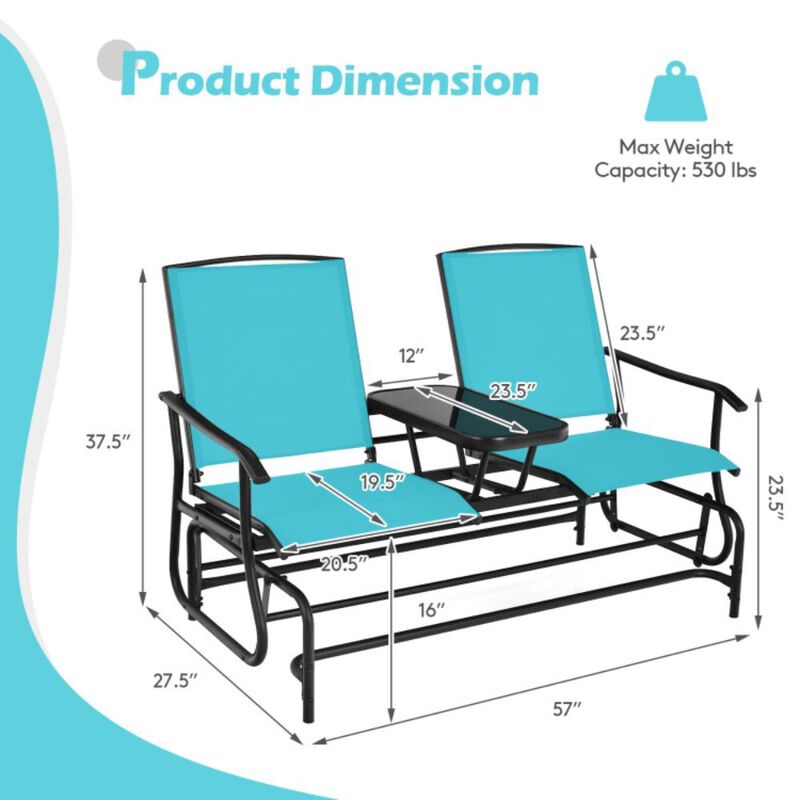 Hivvago 2-Person Double Rocking Loveseat with Mesh Fabric and Center Tempered Glass Table