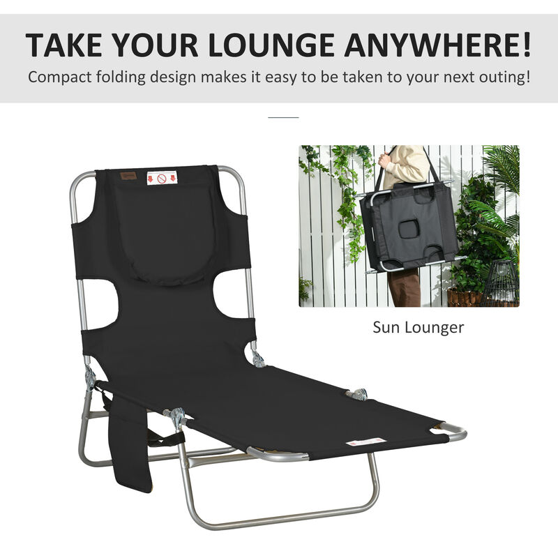 Outsunny Folding Outdoor Lounge Chair with Face Cavity and Arm Slots, 5-level Adjustable Sun Lounger Tanning Chair with Pillow for Patio Garden Beach Pool, Black