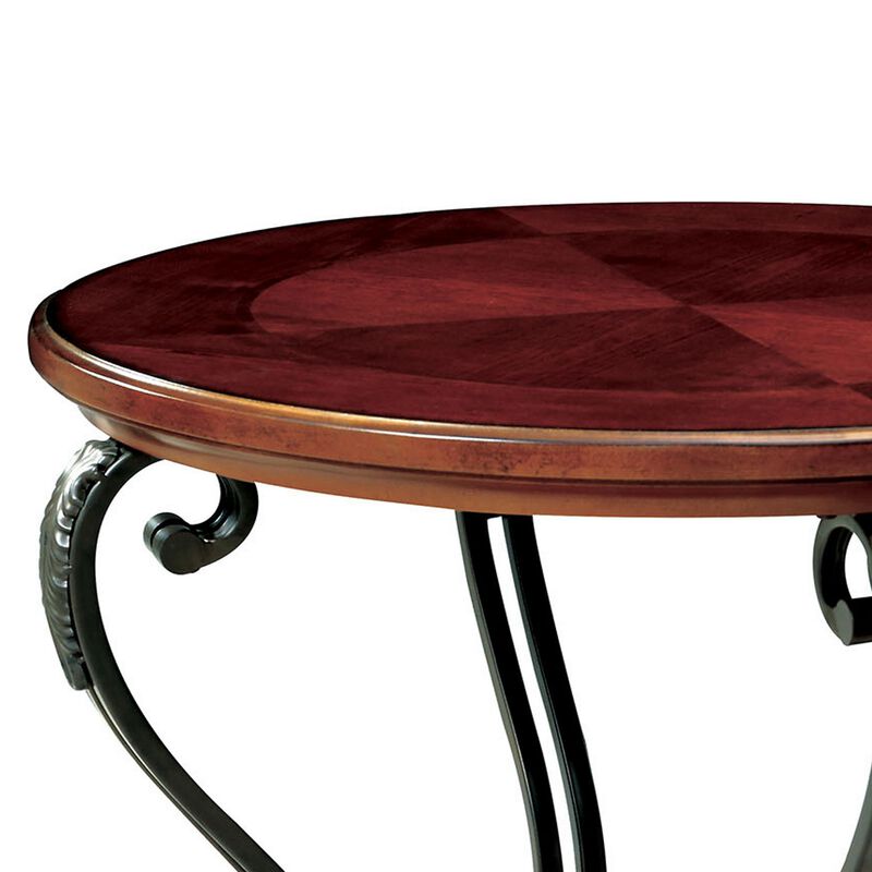 Round Wood and Metal End Table with Scroll Details, Brown-Benzara