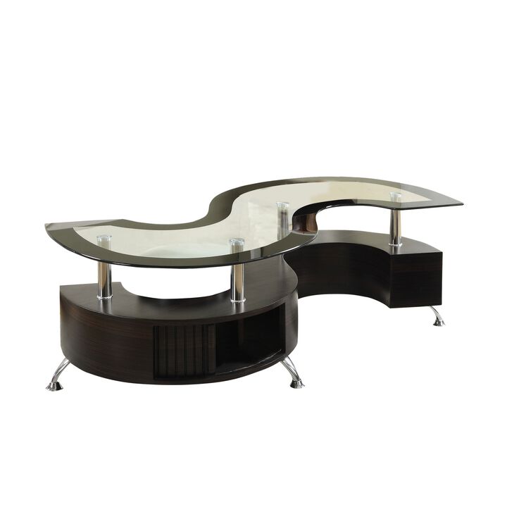 S Shape Contemporary Wood Base Coffee Table with Glass Top,Silver and Brown-Benzara