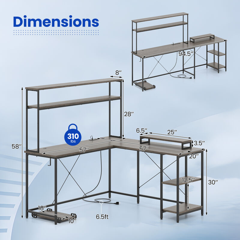 L-Shaped Gaming Desk with LED Strip, Power Outlets, Hutch, and Monitor Stand