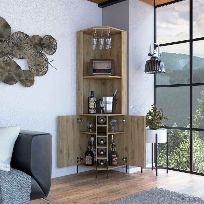 Hans Corner Bar Cabinet, Two Shelves, Five Built-in Wine Rack-Macadamia