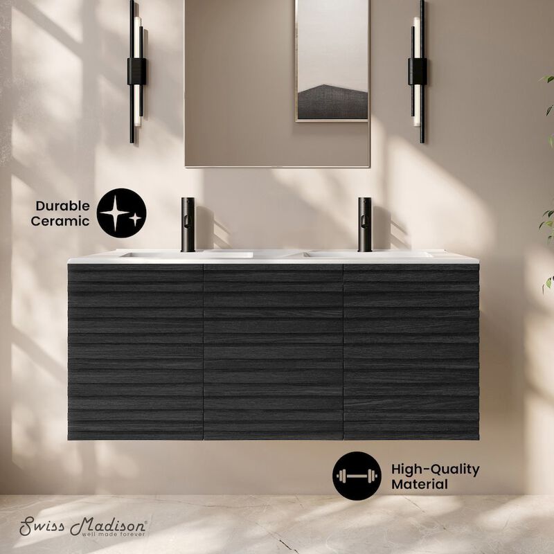 Cascade 48" Wall-Mounted Bathroom Vanity in Black Oak with Double Basin Sink Top image number 1