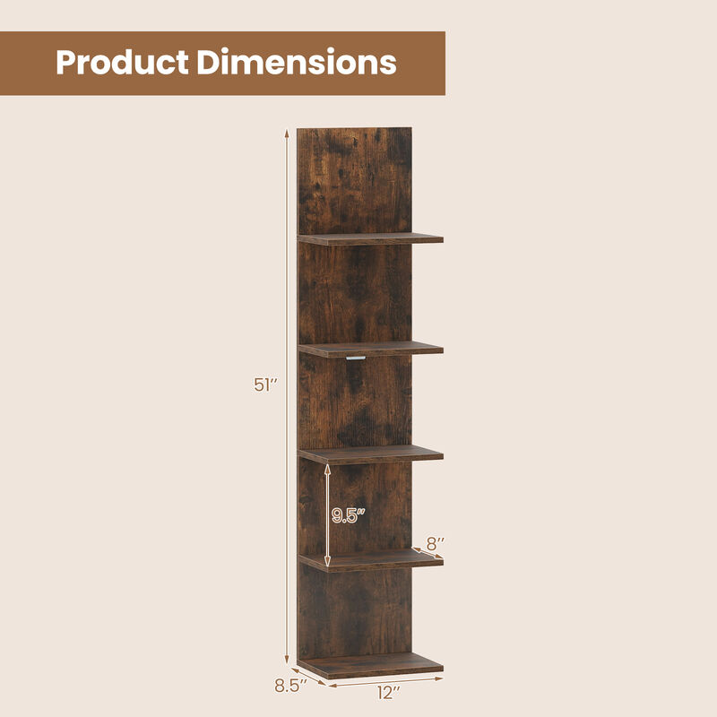 Wall Mounted 5 Tier Shelf Unit with Wood Grain for Display and Storage-Brown image number 2