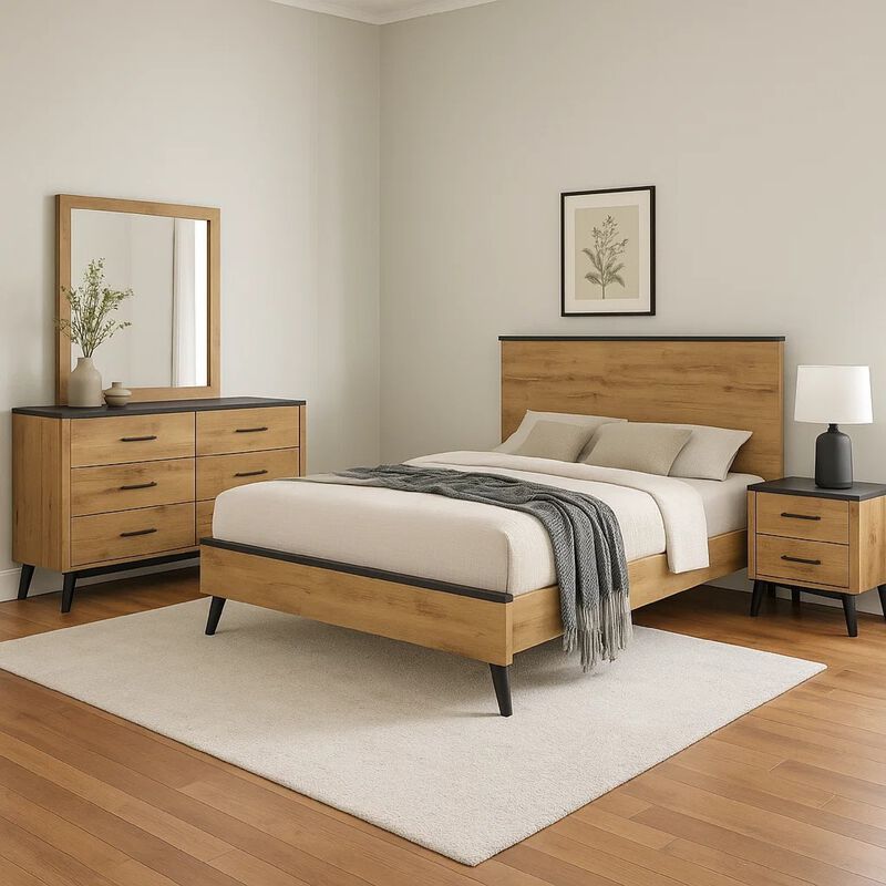 Wemy 4 Piece Queen Size Bed Set, Rustic Brown Pine Wood, Tapered Legs