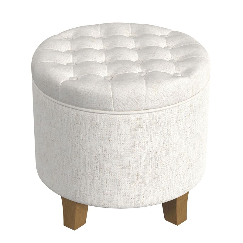 Wes Round Storage Ottoman, Cream Woven Fabric, Hardwood, 19 Inch image number 0