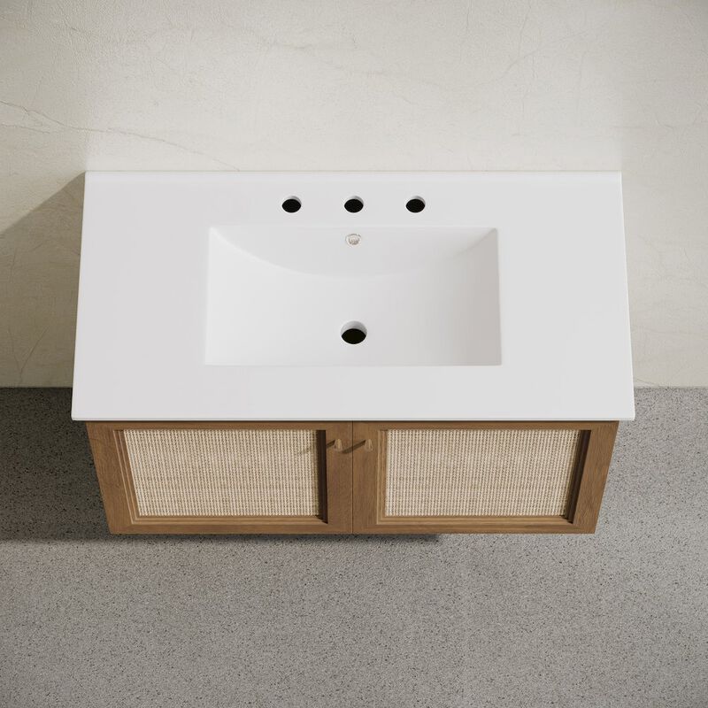 36" Wall-Mounted Bathroom Vanity, Brown Oak, Widespread Faucet Holes Vanity Top image number 2