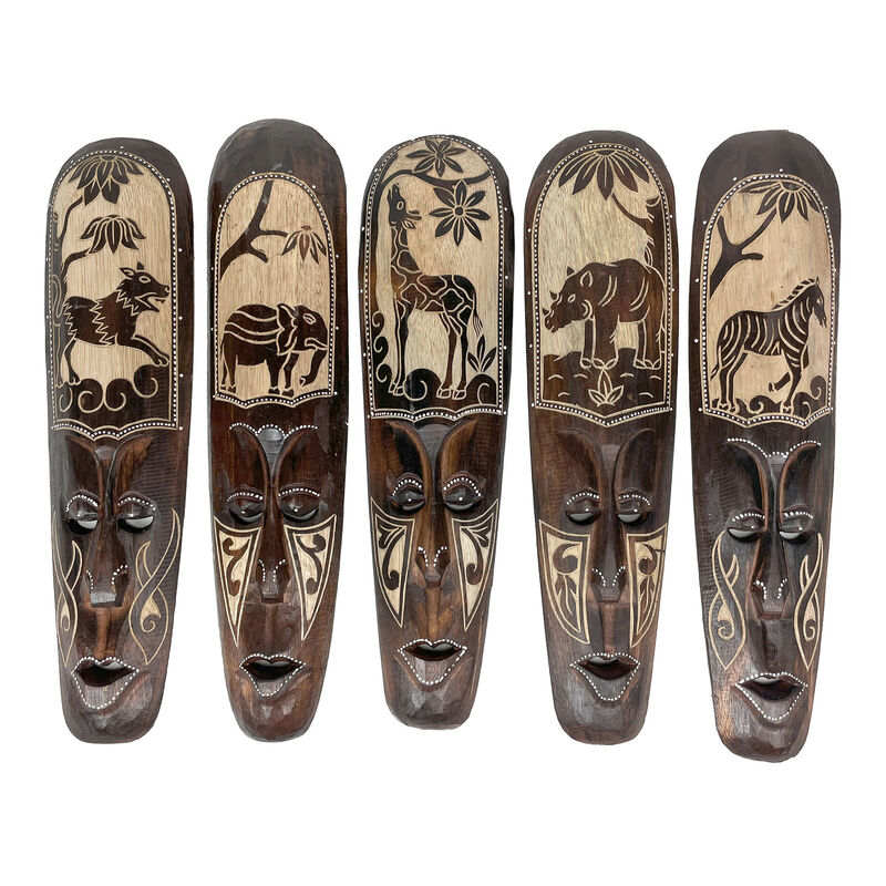 Set of 5 African Animal Hand Carved Wooden Wall Masks image number 0