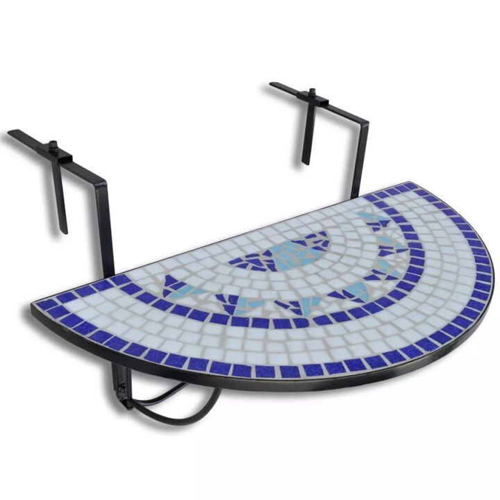 vidaXL Hanging Balcony Table Blue and White Mosaic