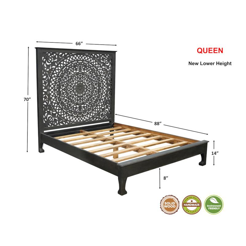 Taran Designs Auden Floral Carved Solid Wood Queen Panel Bed