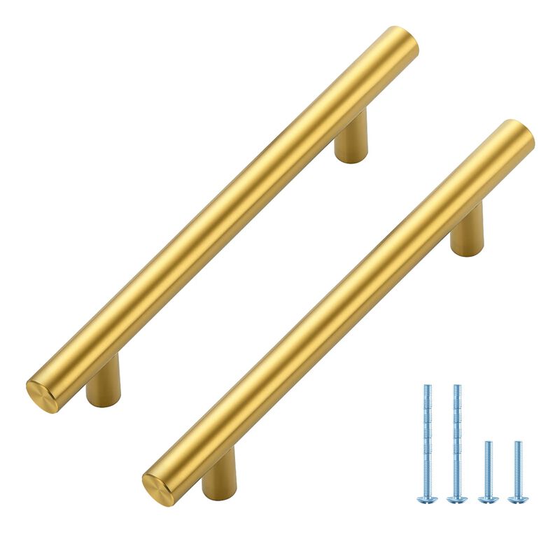 5 Pack 6 Inch Length Kitchen Cabinet Handles with 3.75 Inch Hole Center Brushed Brass Cabinet Pulls Stainless Steel Drawer Pulls