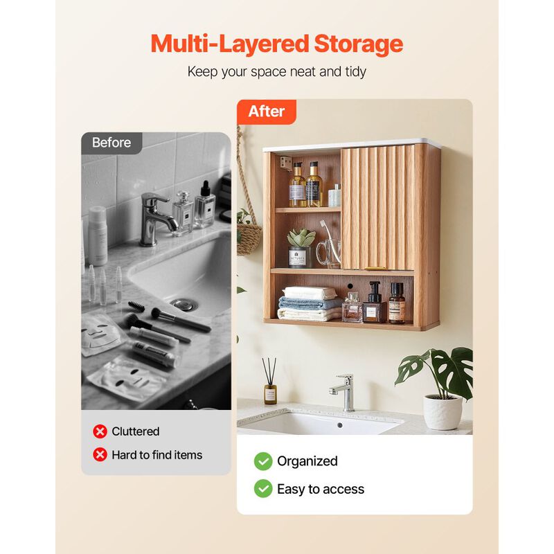 Wall Mounted Medicine Cabinet with Door, Adjustable Shelf and Open Compartments-Brown image number 8