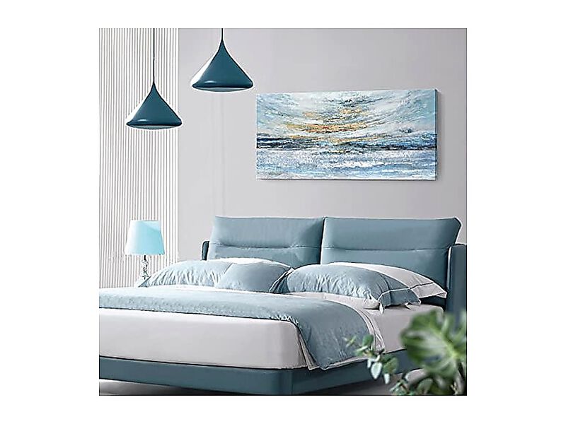 Abstract Wall Art Living Room Large Framed Light Blue Canvas Coastal Theme Ocean image number 2