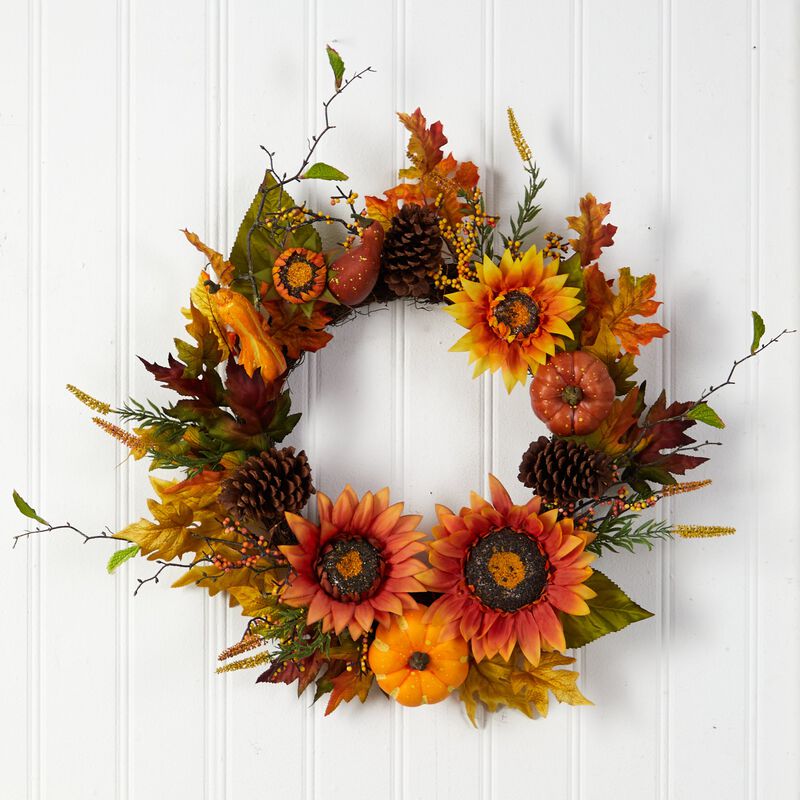 HomPlanti 24" Fall Sunflower, Pumpkin, Gourds, Pinecone and Berries Autumn Artificial Wreath image number 3