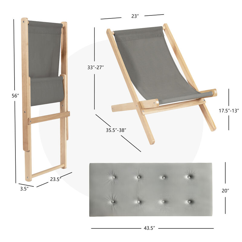 3-Position Adjustable and Foldable Wood Beach Sling Chair with Free Cushion-Gray