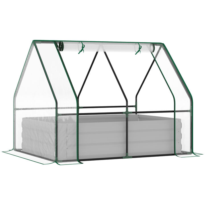 Outsunny 4' x 3' Galvanized Raised Garden Bed with Mini PVC Greenhouse Cover, Outdoor Metal Planter Box with 2 Roll-Up Windows for Growing Flowers, Fruits, Vegetables and Herbs, Clear