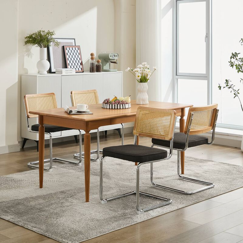 Whisen 2-Piece Mid Century Dining Chairs, Linen Upholstered with Cane Back & Chrome Base, Cantilever Design for Kitchen image number 4