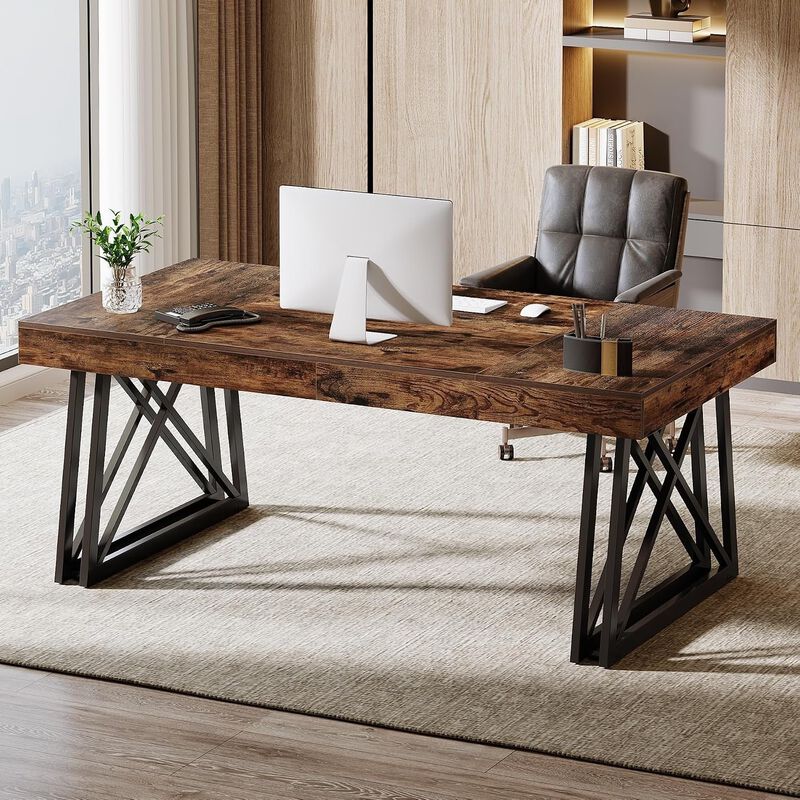 Tribesigns 63" Computer Desk, Farmhouse Office Executive Desk with X-Shaped Metal Legs, Large Home Office Desk and Writing Desk for Study Room, Rustic Industrial Wood Desk, 350 lb Capacity image number 7