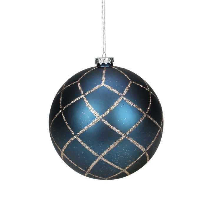 Matte Blue and Gold Glitter Diamond Shatterproof Christmas Ball Ornament 4" (100mm)