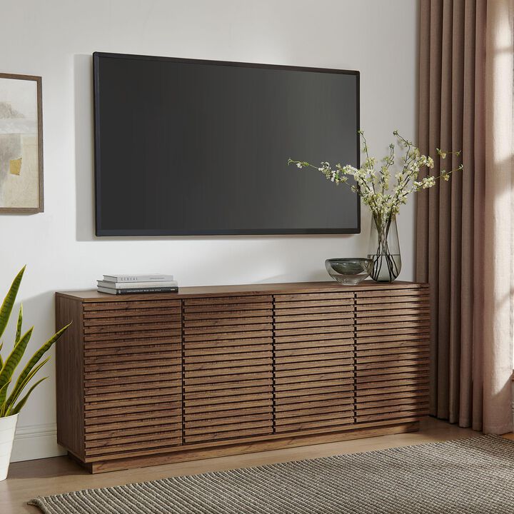 Modway Render 71 Inch Mid-Century Modern Sideboard Buffet Table in Oak &mdash; Fluted 4-Door Credenza Storage Cabinet &mdash; High TV Stand with Cable Management for Wall Mounted TVs