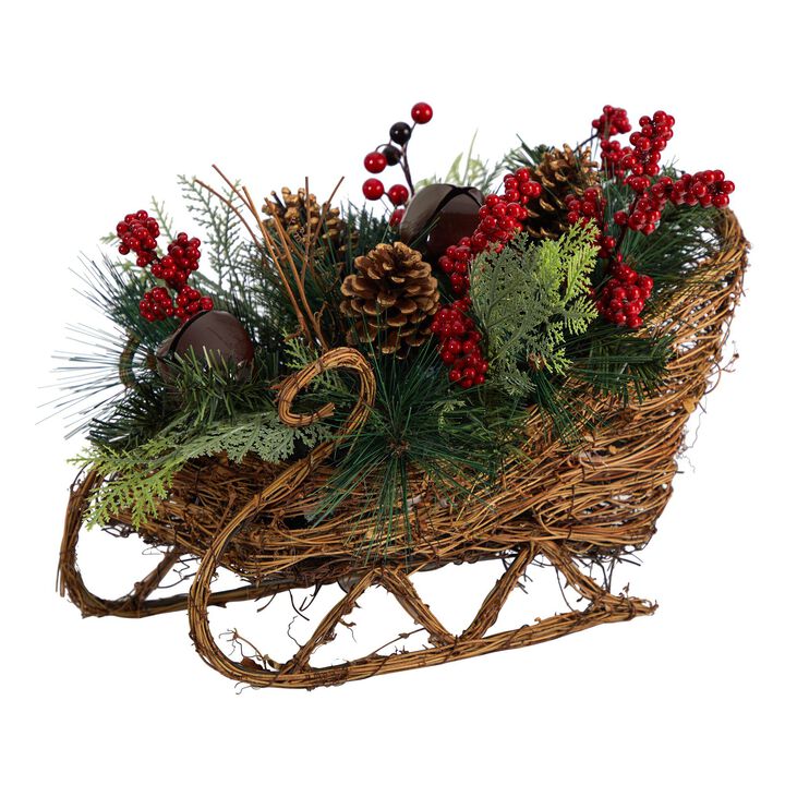 Nearly Natural 18-in Christmas Sleigh with Pine, Pinecones and Berries Artificial Christmas Arrangement