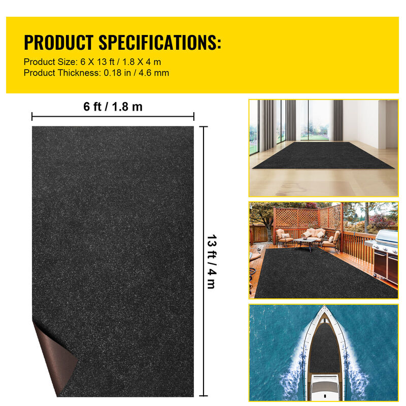 VEVOR Bass Boat Carpet Cutpile Marine Carpet 6 x 13 ft Charcoal Black In/Outdoor image number 6