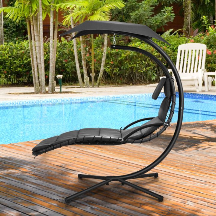 Hanging Curved Steel Swing Chaise Lounger with Removable Canopy