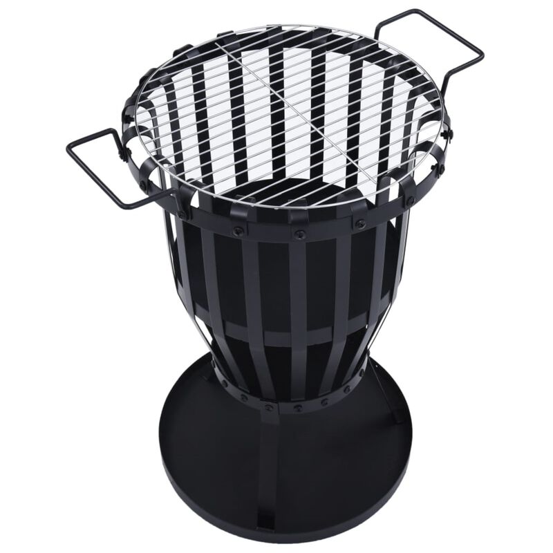 vidaXL Powder-Coated Steel Garden Fire Pit with Cook Grill - Portable BBQ Fire Basket with Stable Base - Ideal for Garden, Backyard, Outdoor and Patio - Black, 19"