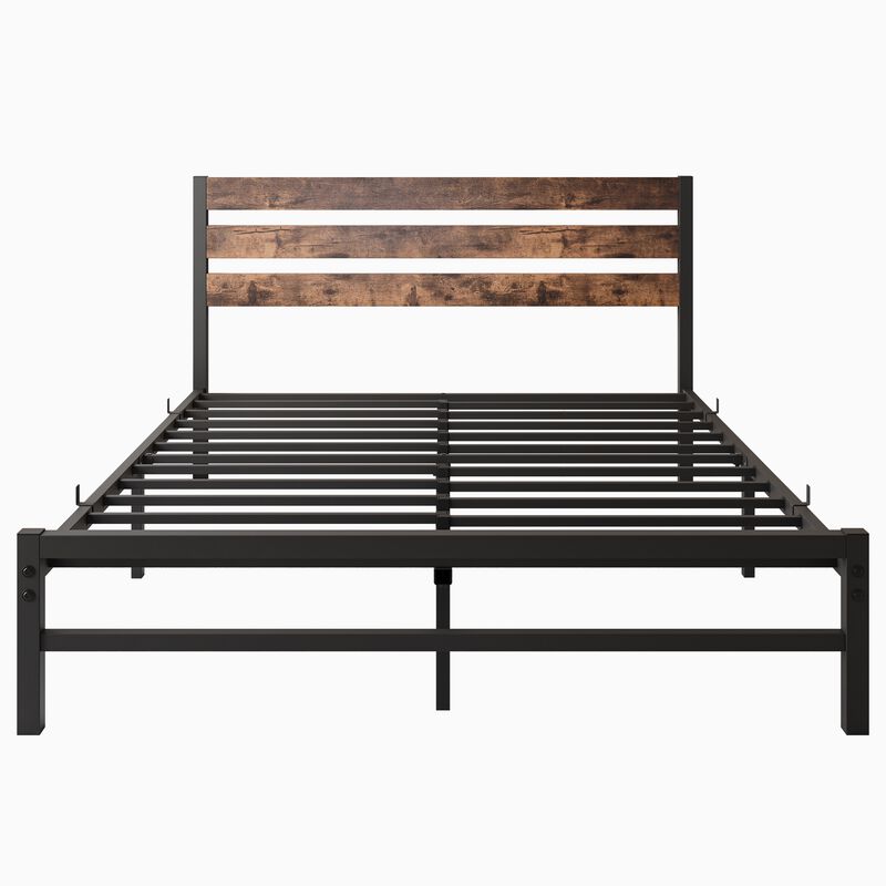 Metal Platform Bed Frame with Rustic Vintage Wood Headboard, No Box Spring Needed