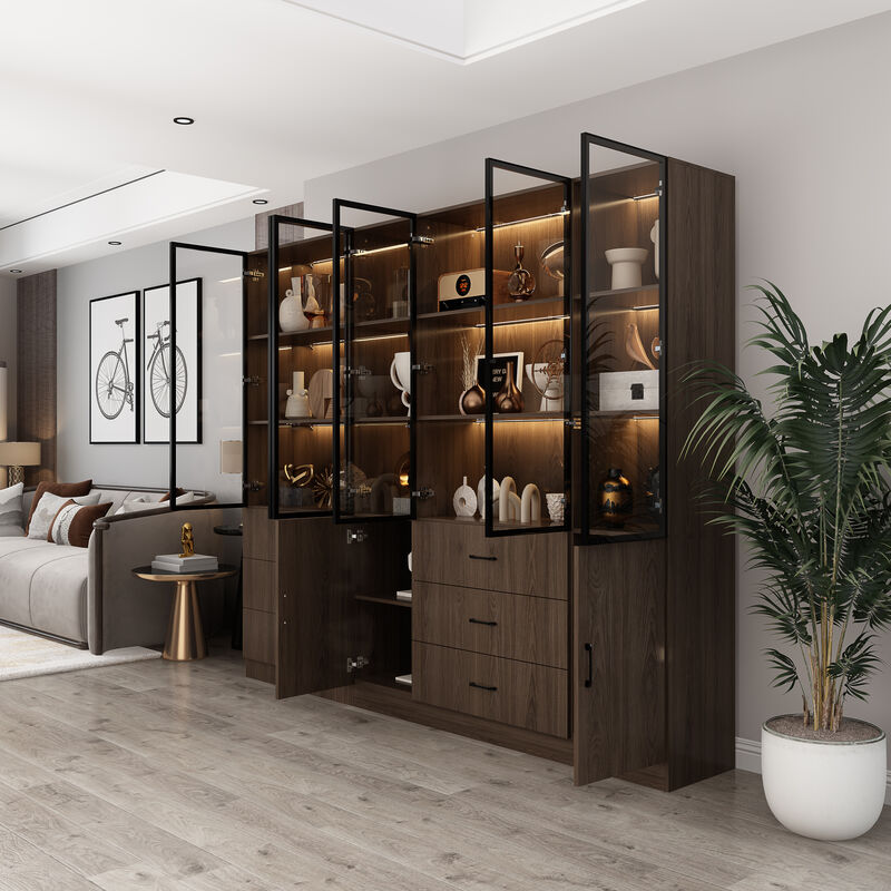 FUFU&GAGA Modern Wood Grain Cabinet with 6 Drawers, Black Aluminum Glass Doors & LED Strip Lights (94.4&rdquo;W x 15.7&rdquo;D x 78.7&rdquo;H), Walnut Finish