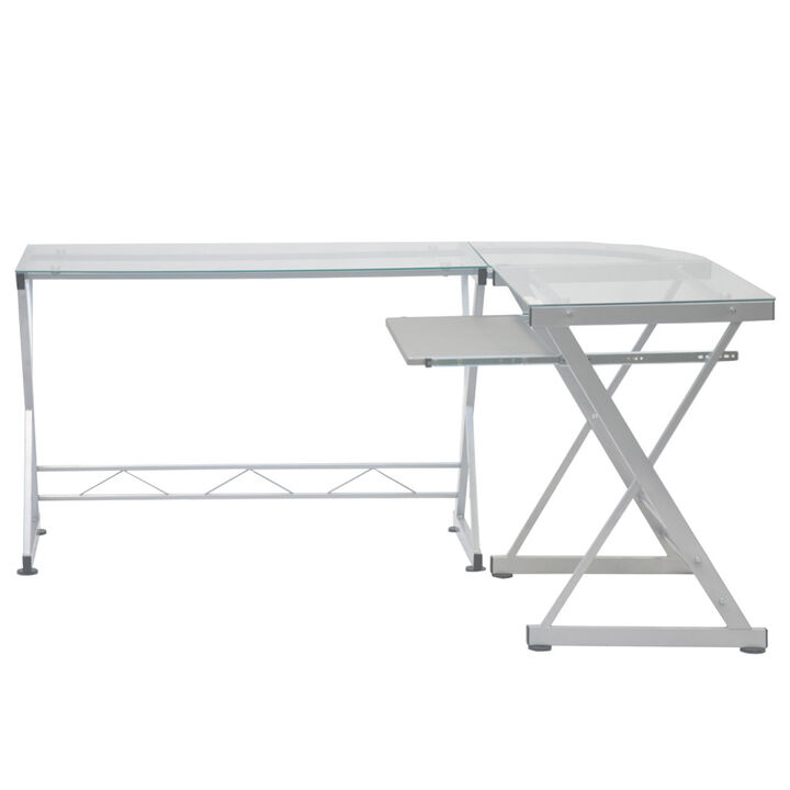 HomeRoots 62" Clear Glass and Steel L Shape Computer Desk