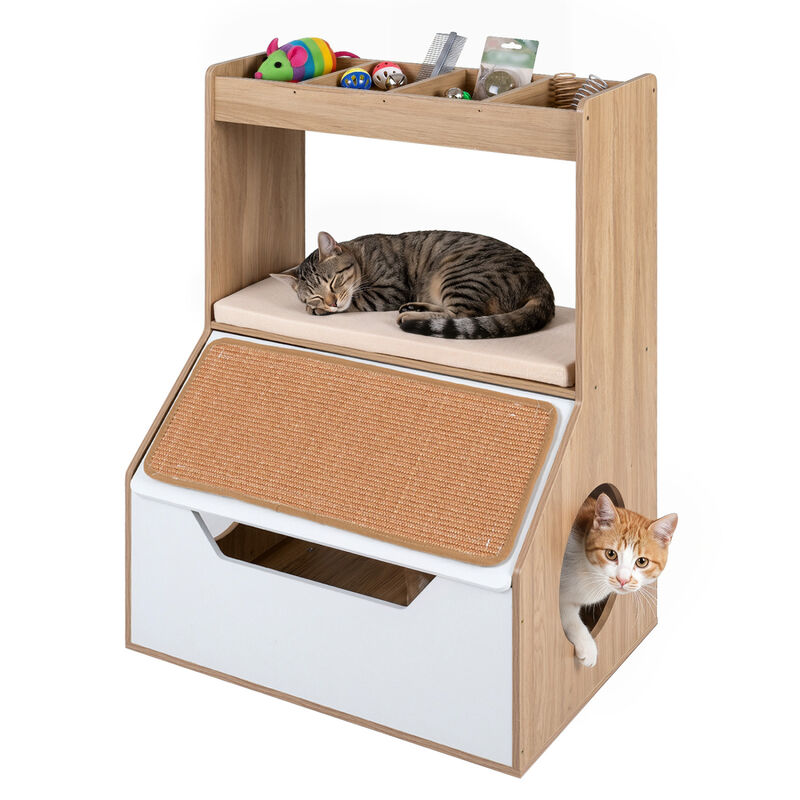 3-in-1 Pet Cat House Cabinet with 4 Cubby Spaces Cushion and Scratch Pad for Home Furniture image number 6