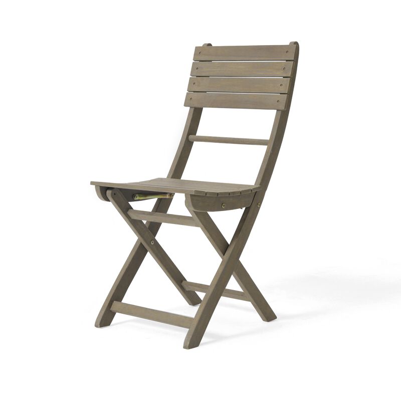 Cami Outdoor Foldable Bistro Chair, Slat Back, Cross Gray Acacia Wood - Benzara
