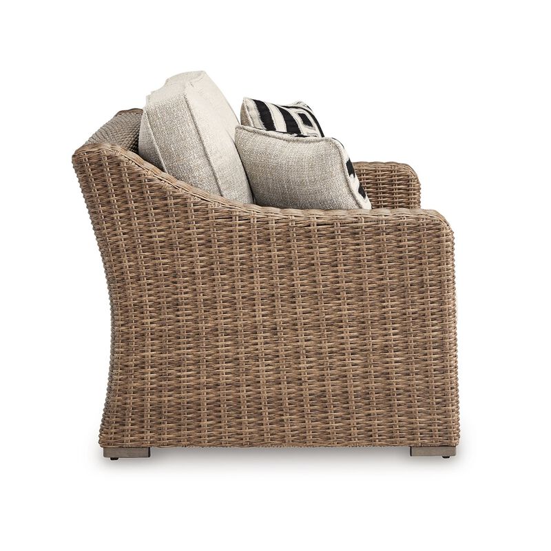 Tira Outdoor Loveseat, 57 Inch Handwoven Resin Wicker, Beige, Pillows