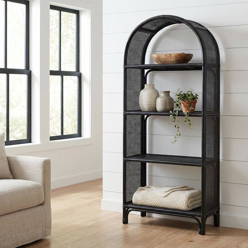 Black Arched Rattan Bookshelf with Slim Shelves and Natural Finish image number 3