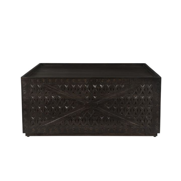38 Inch Handcrafted Mango Wood Square Coffee Table, Artisanal Carved Mesh Base, Black-Benzara