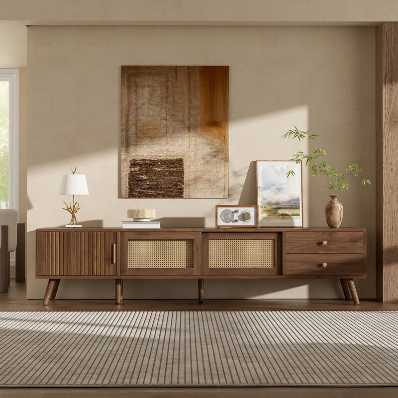 Merax Rattan TV Cabinet with Textured Doors, Drawers & Hidden Storage, Premium MDF Construction image number 1