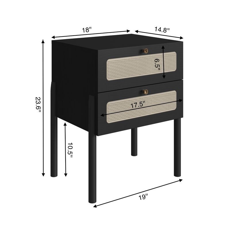 Boho Nightstand  End Table Storage Wood Leg Rattan 2 Drawer -Nero Black