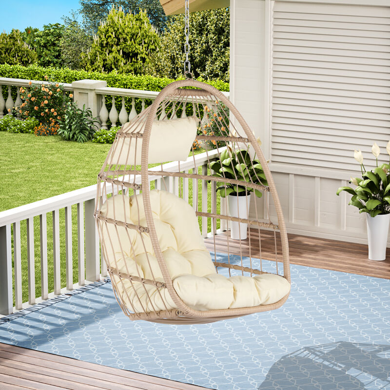 Streamdale Outdoor Garden Rattan Egg Swing Chair Hanging Chair Wood+Khaki image number 1