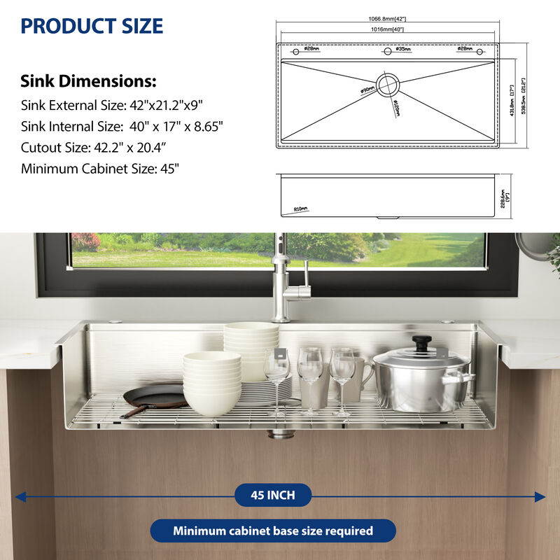 42 in. Drop-in Single Bowl 16-Gauge T304 Stainless Steel Brushed Kitchen Sink with Workflow Ledge, Accessories Kit and 4-in-1 Colander image number 6