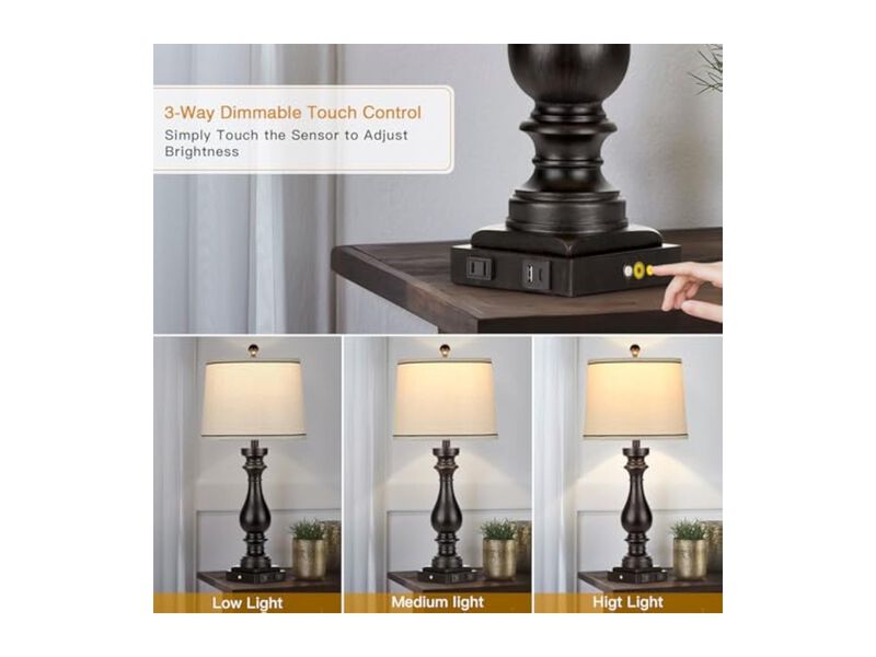 Dimmable Touch Control USB C Farmhouse Table Lamps Set Of 2 For Living Room image number 3