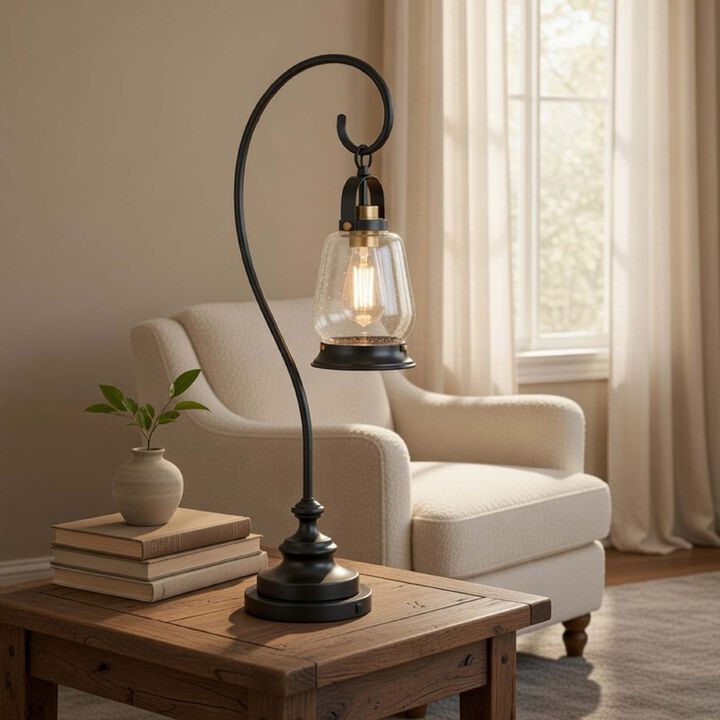Table Lamp, Vintage Lantern Style, Bubble Glass Shade, Black Metal 32 Inch