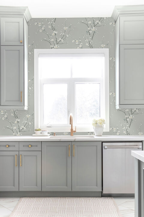 Monterey Silver Mist Floral Branch Wallpaper
