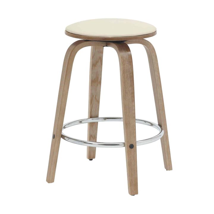 LeisureMod Counter Stool Upholstered in Leather with Stained Poplar Wood Frame & Chrome Iron Footrest with 360-Degree Swivel for Modern Home, Kitchen, Bars, Cafes Pelya Collection