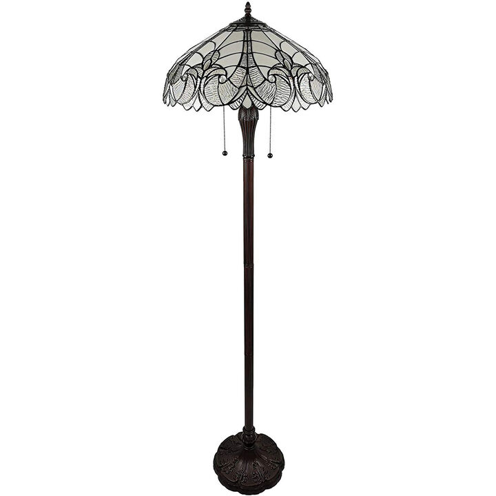 Hivvago 62" Dark Brown Two Light Torchiere Floor Lamp With White Fleur de Lis Glass Dome Shade