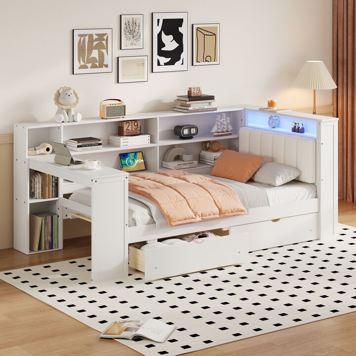 Whisen Twin Size Platform Bed with Storage Shelves, Drawers & Charging Station, Solid Wood+MDF with LED & Desk, Upholstered Headboard for Bedroom
