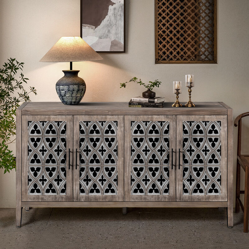 Sesjog Farmhouse Hollow‑Carved 4‑Door Sideboard Storage Cabinet image number 2