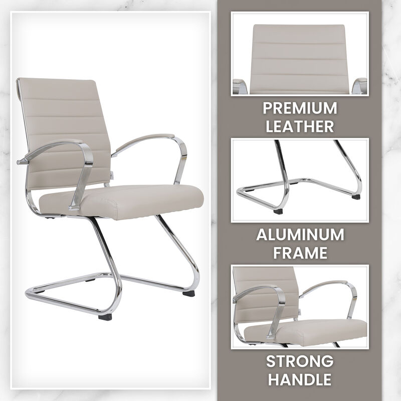 LeisureMod Benmar Guest Office Chair, Ribbed Leather Upholstery with Chrome Arms and Sled Base, Modern Desk Seating for Home or Conference Room
