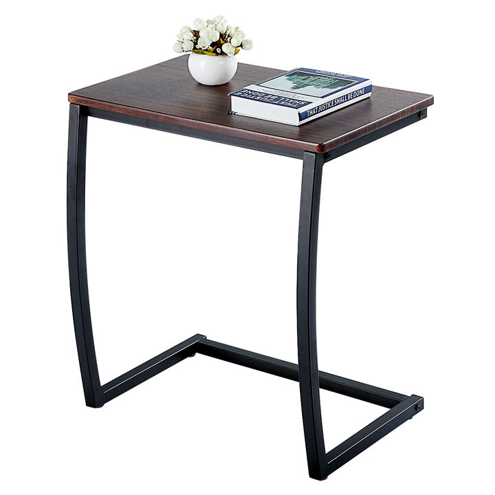C-Shaped Bedside Table with Metal Frame, Coffee Brown